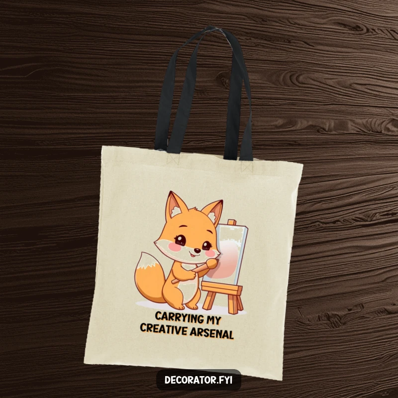 Funny tote bag with a smiling fox holding a paintbrush, ready to embark on a creative artistic endeavor.