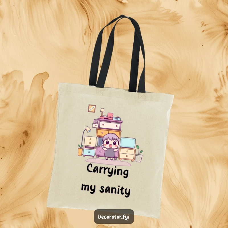 Funny tote bag with a surprised character looking at a perfectly stacked furniture arrangement, great for carrying items.