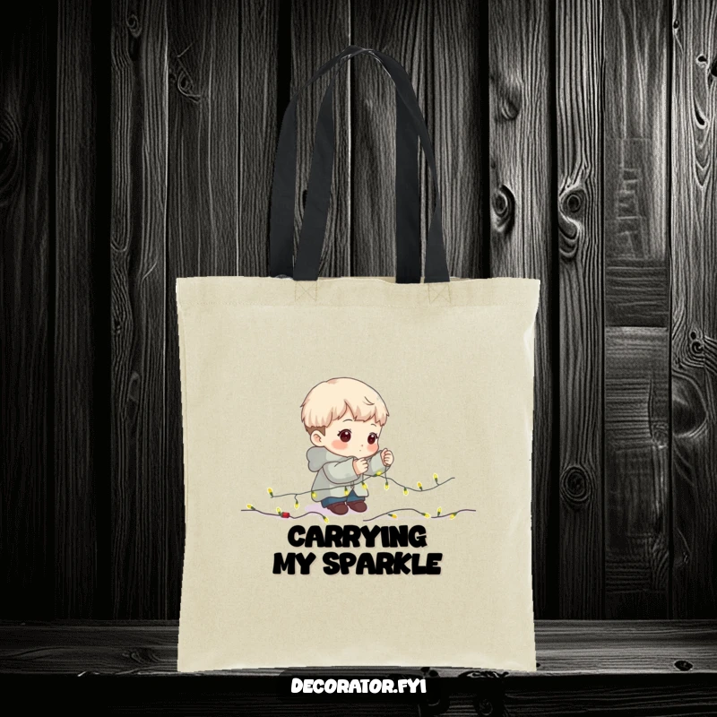 Funny Tote Bag: Character meticulously placing tiny fairy lights on a festive garland.