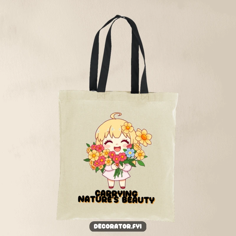 Funny Tote Bag: A joyful character happily arranges a bright and colorful bouquet of beautiful flowers.
