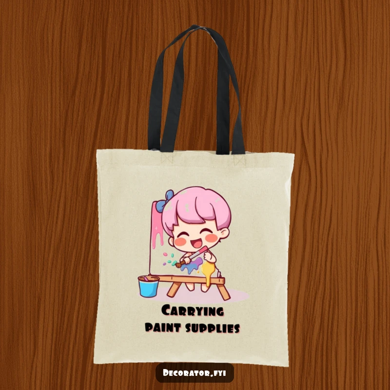 Funny artist tote bag with a giggling character playfully smearing paint onto a canvas, symbolizing creative expression.