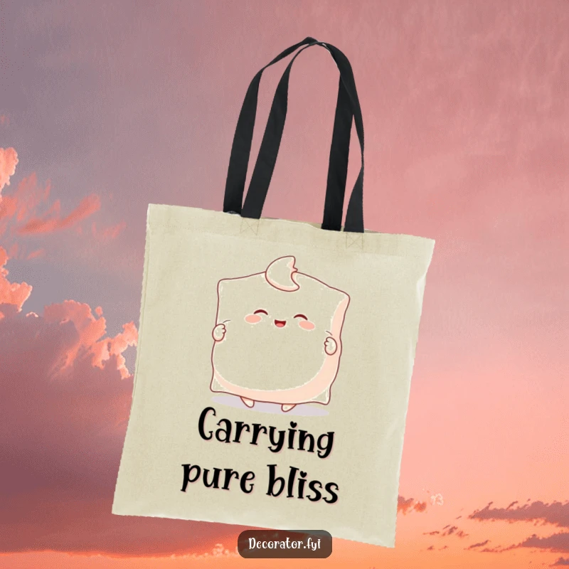 Funny tote bag depicting a happy character joyfully fluffing a giant pillow with both hands, perfect for carrying comfort-related items humorously.