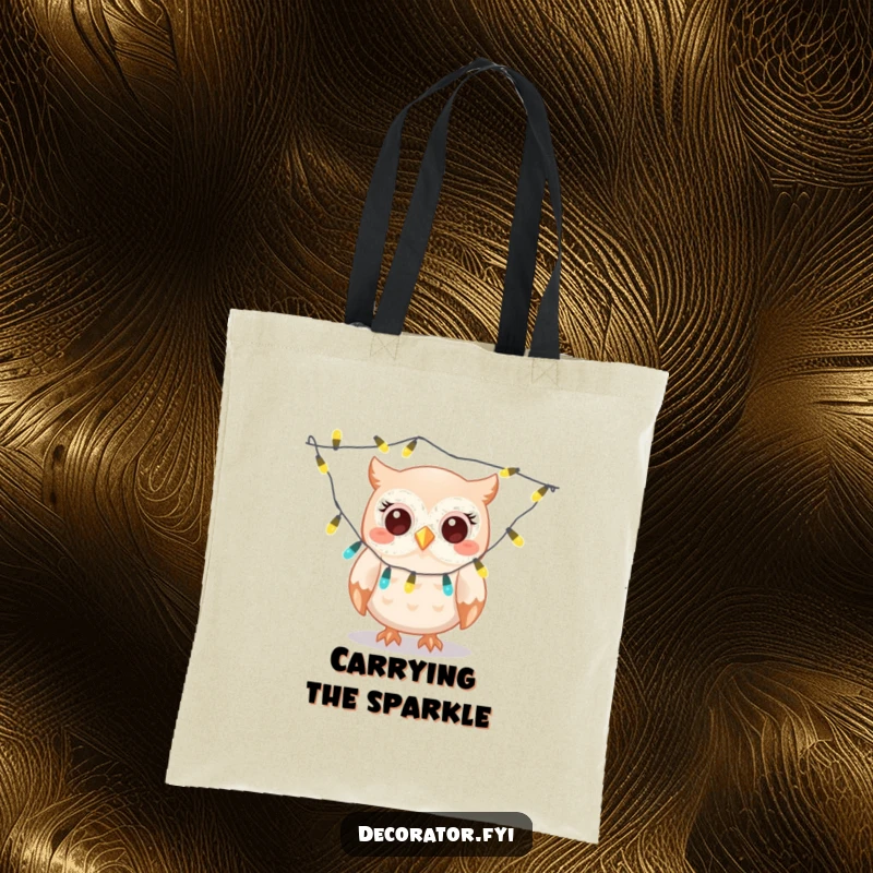 Funny owl tote bag, a giggling character gleefully draping twinkling lights, perfect for carrying holiday cheer and essentials.