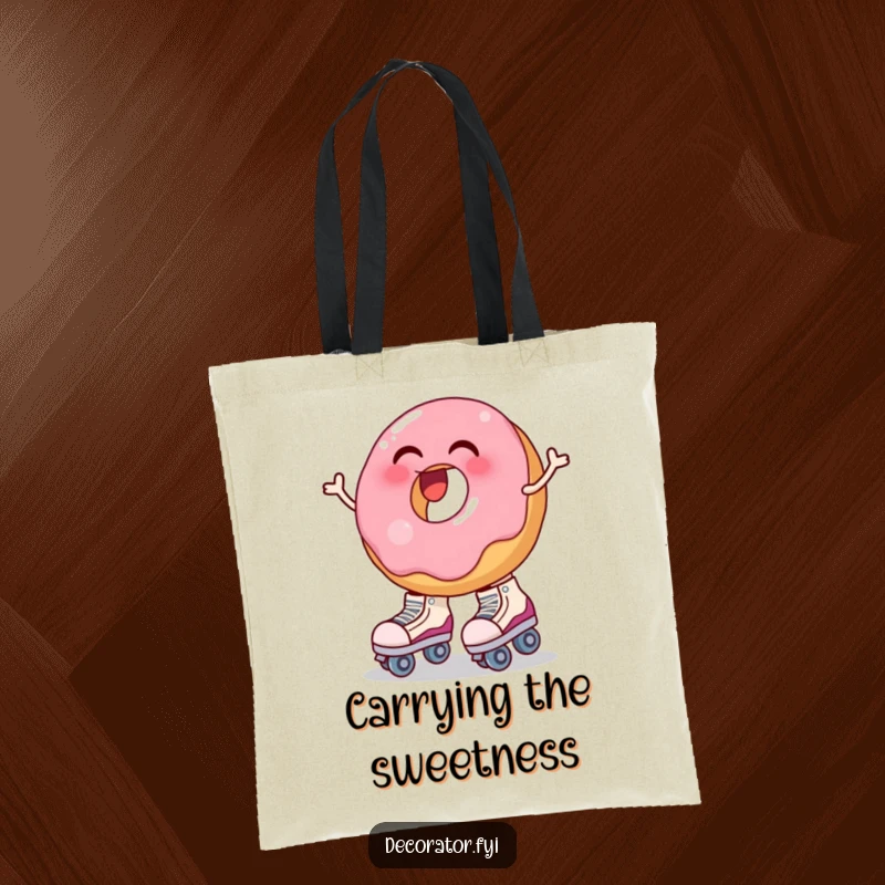 Funny tote bag displaying a laughing donut attempting to don oversized roller skates, looking wobbly. A fun accessory.