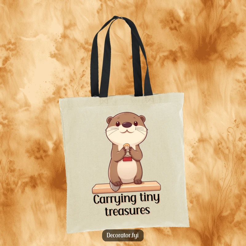 Funny tote bag illustrating an otter meticulously placing a small statue on a shelf, perfect for carrying essentials with flair.