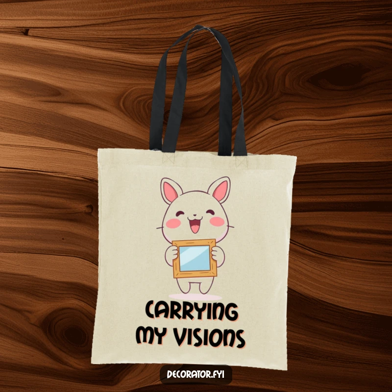 Funny tote bag illustrating a lively character energetically hanging a small, whimsical picture frame, showcasing artistic joy.
