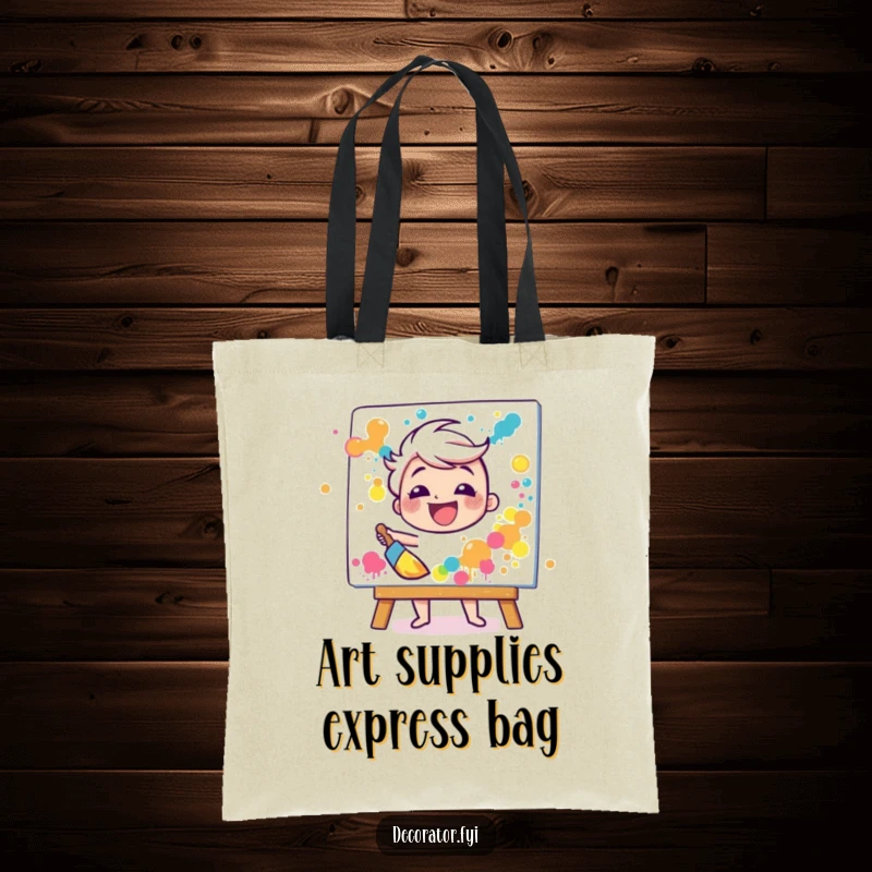 Funny tote bag featuring a happy character gleefully splattering paint onto a canvas with a broad brush, perfect for art supplies.