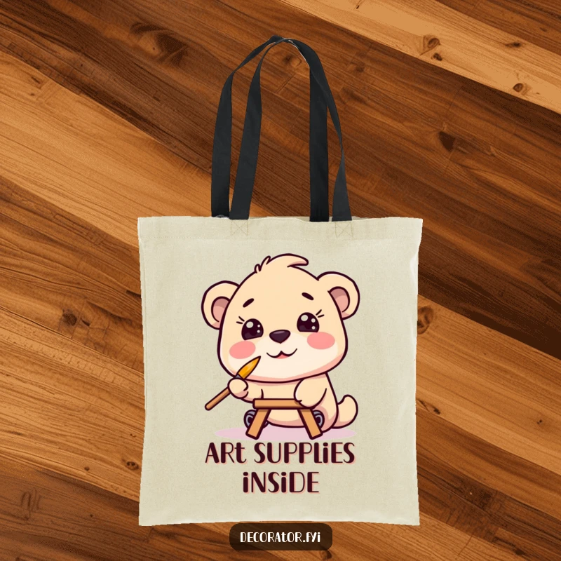 Funny tote bag showcasing a smiling character, paintbrush balanced on nose, embarking on an artistic endeavor, perfect for carrying art supplies humorously.