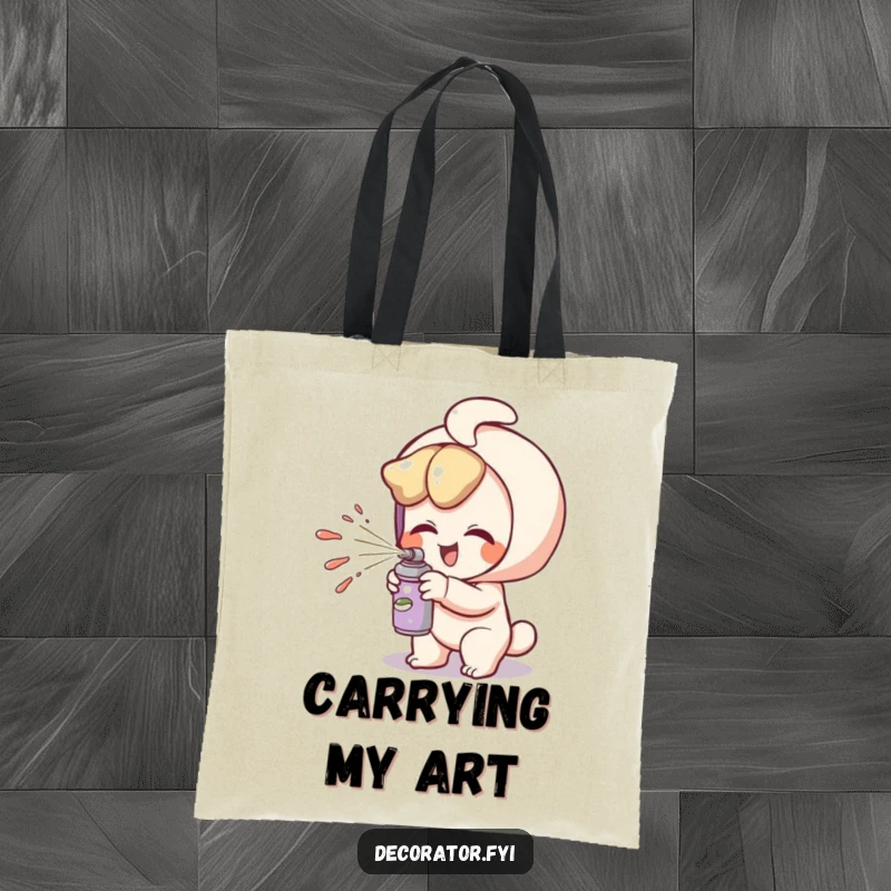 Funny tote bag with a giggling character playfully spritzing paint, great for carrying art supplies.