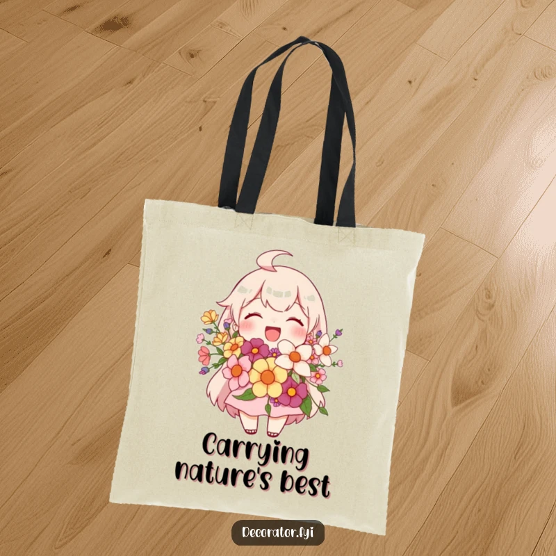 Funny tote bag depicting a joyful character proudly holding a beautiful floral arrangement, perfect for stylish and cheerful errands.