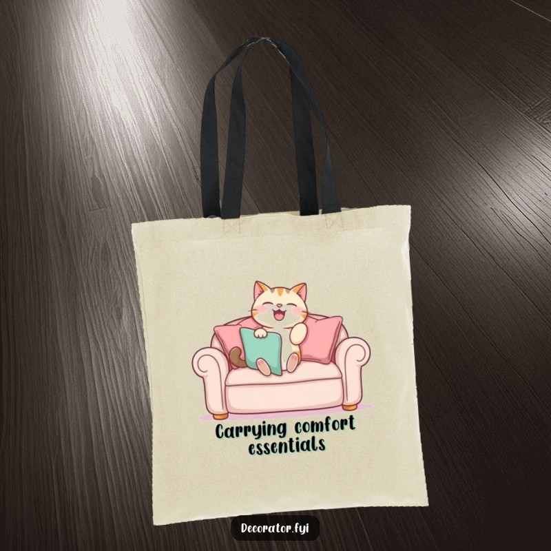 Funny tote bag: a cat gleefully arranges sofa cushions, embodying a humorous and highly skilled interior decorator.