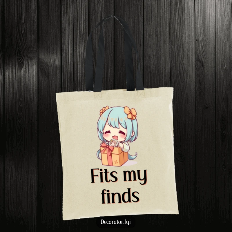 Funny tote bag featuring a character excitedly unwrapping a delicate, decorative figurine, ideal for carrying treasures with a humorous touch of anticipation.