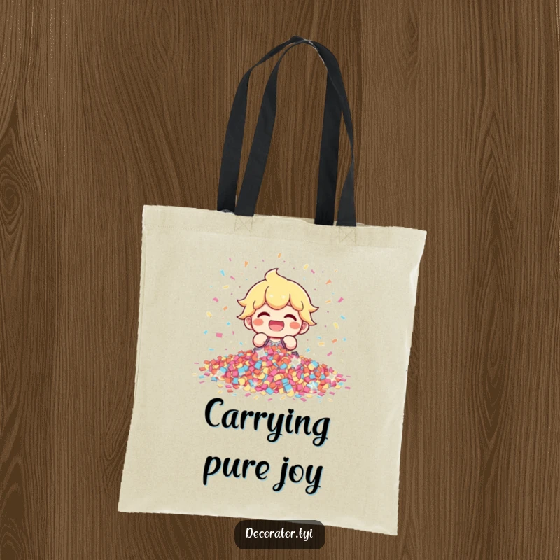 Funny character gleefully arranging a pile of shimmering confetti, perfect for carrying party supplies with a touch of festive humor.