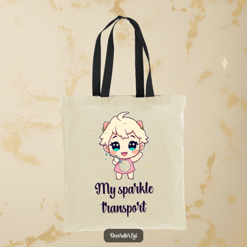 Funny tote bag with a cheerful character enthusiastically applying glitter to a festive design, great for craft supplies.
