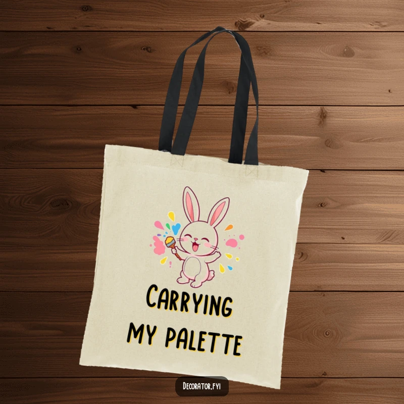 Funny tote bag illustrating a cute bunny character enthusiastically applying colorful paint to a wall, creating art.