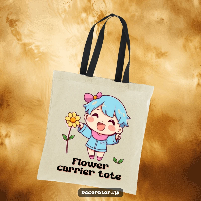 Funny character enthusiastically adding a flower to a wall, a cheerful design perfect for a tote bag.