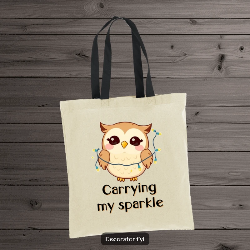 Funny tote bag featuring a giggling owl character gleefully draping twinkling lights, ideal for humorous errands.