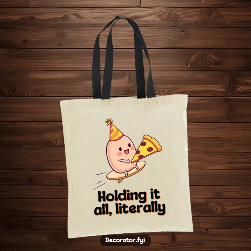 Funny Tote Bag: A wobbly jelly bean in a party hat joyfully rides a flying pizza slice, perfect for carrying essentials.