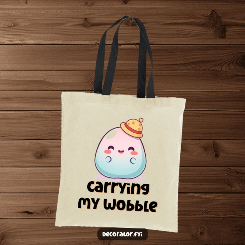 Funny tote bag featuring a wobbly jelly character hilariously failing to keep a tiny hat on its head, perfect for daily use.