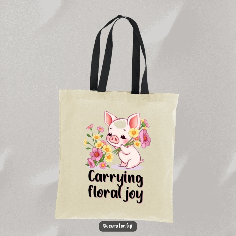 Funny tote bag: a piglet admires a newly arranged bouquet of flowers, embodying a sweet and humorous appreciation for beauty.