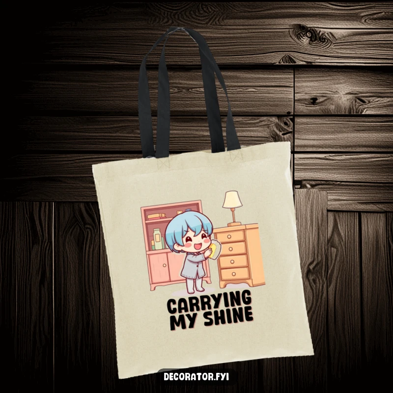 Funny content character polishing furniture to a shine on a durable tote bag, showcasing domestic bliss.