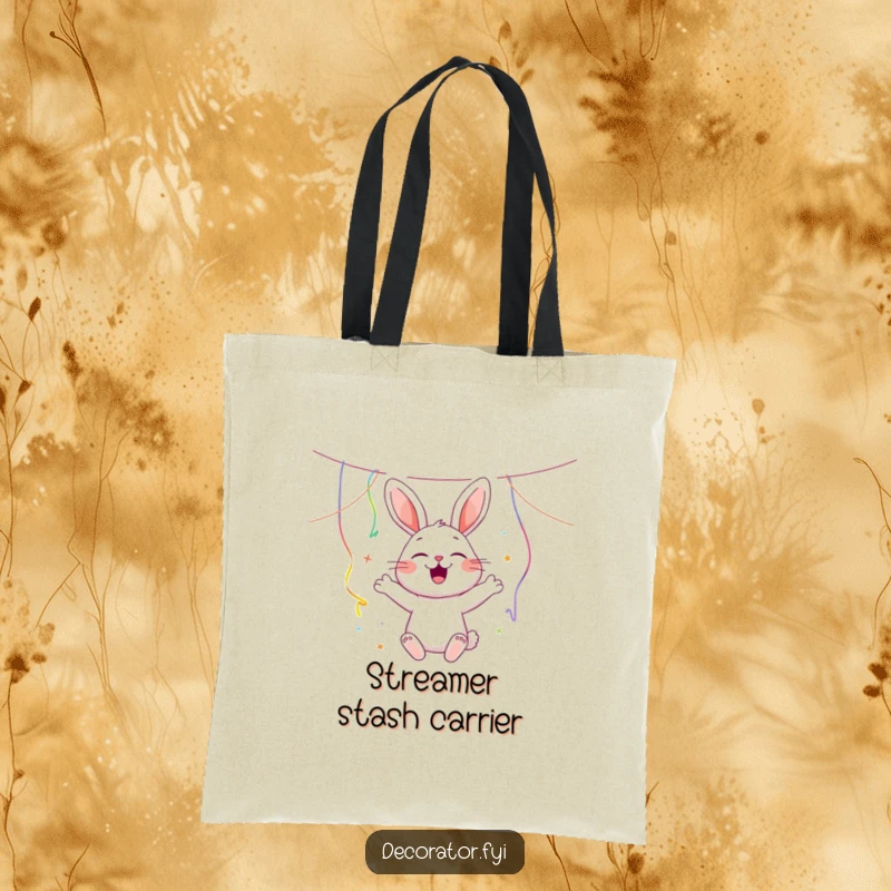 Funny joyous rabbit character hanging colorful streamers with a cheerful bounce, depicted on a humorous and practical tote bag.