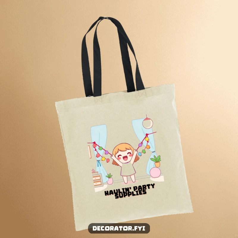 Funny Tote Bag featuring a happy character enthusiastically hanging a colorful garland, bringing festive cheer to everyday tasks.