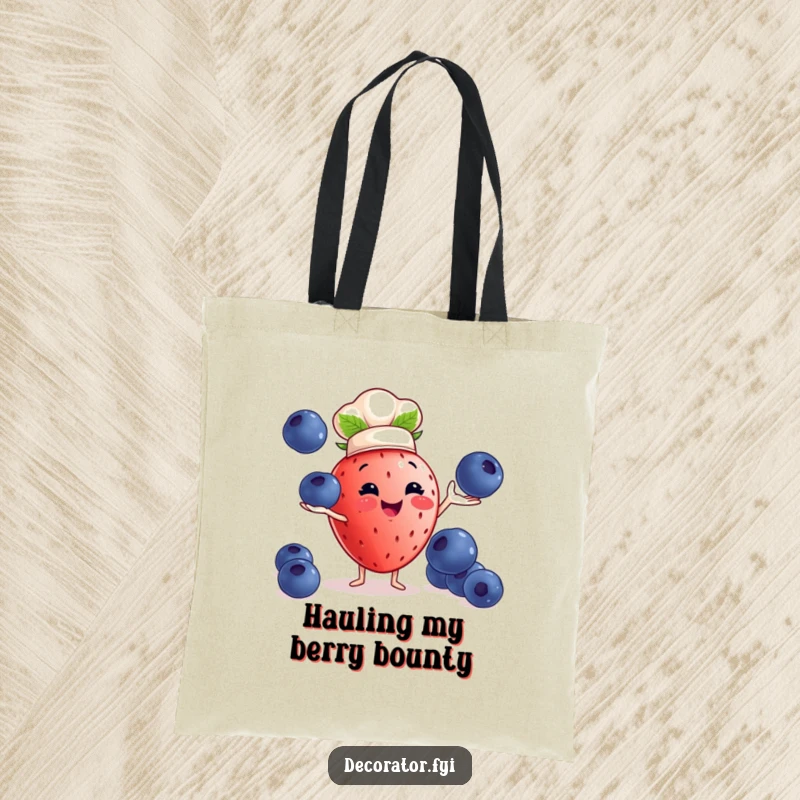 Funny strawberry chef tote bag: a strawberry juggles blueberries, a humorous and practical accessory.