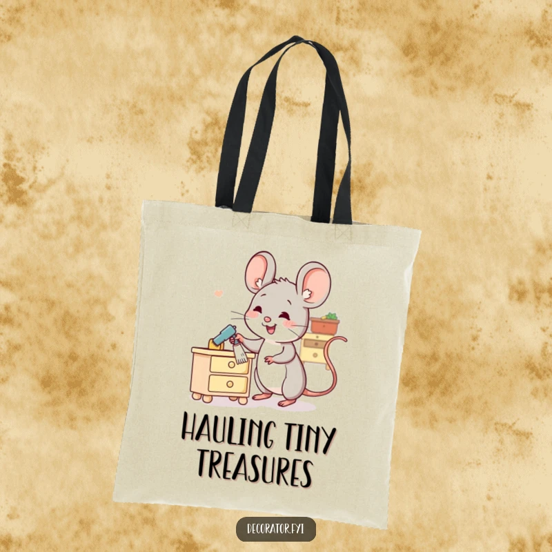 Funny tote bag with a cheerful mouse character dusting a miniature table, showcasing its love for cleanliness.