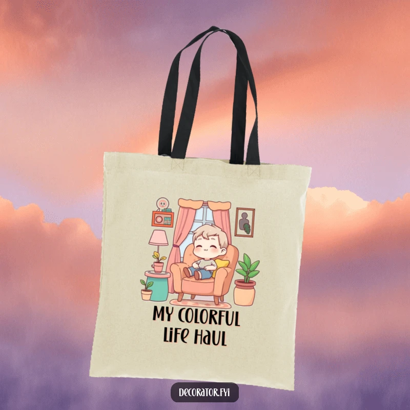 Funny Tote Bag with a content character relaxed in an armchair amidst a vibrant, colorful decor setting.