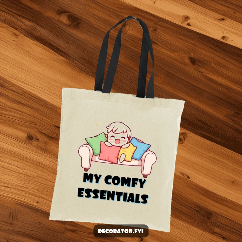 Funny tote bag depicting a playful character gleefully arranging colourful cushions on a sofa, perfect for carrying decor items with a humorous touch.