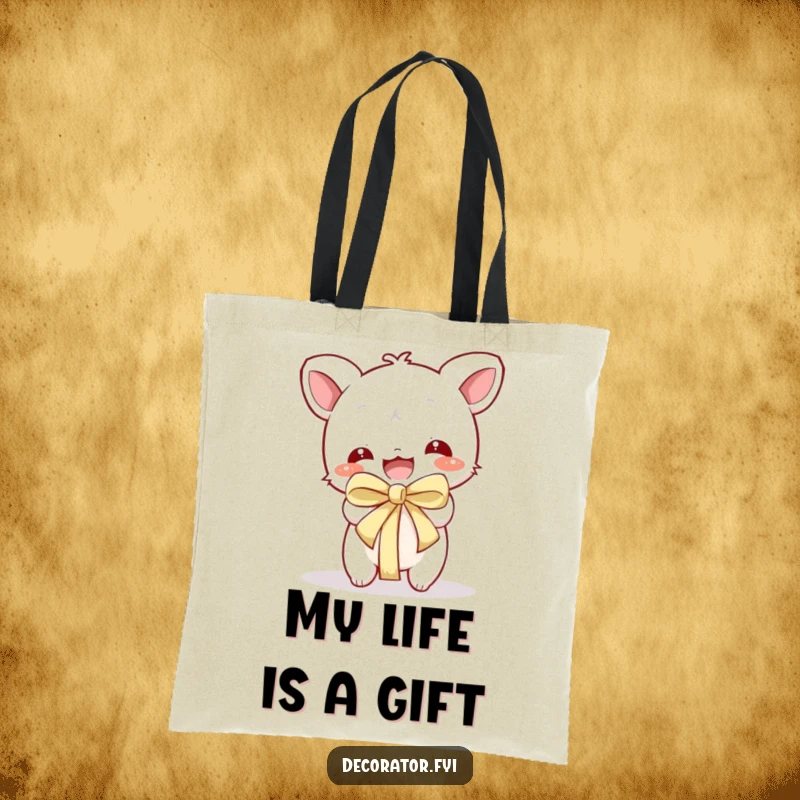 Funny Tote Bag: Character gleefully unwrapping a gift, perfect for carrying treats and smiles.