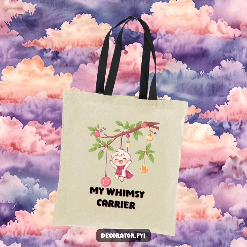 Funny tote bag with a delighted character happily hanging whimsical decorations from a branch, great for carrying party items.