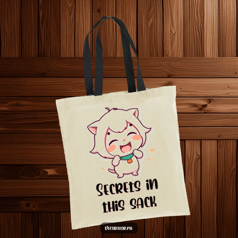 Funny Tote Bag showcasing a gleeful character hilariously giggling as they apply a funny sticker, ready for adventure.
