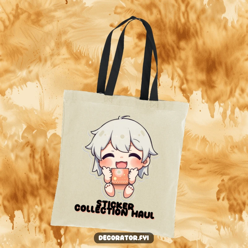 Funny tote bag featuring a character joyfully applying a shiny sticker to a surface, ideal for carrying essentials with a humorous touch of personal flair.